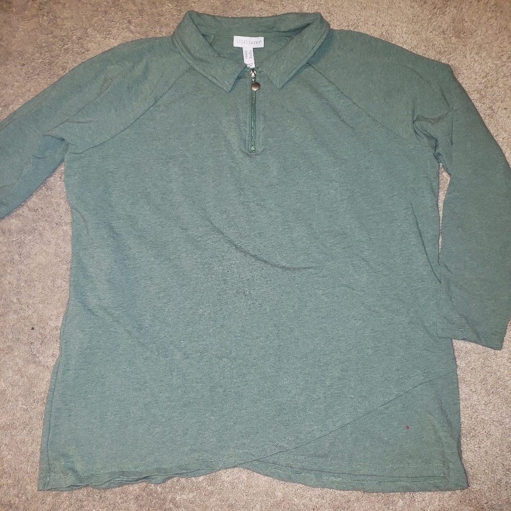 Sport Savvy Vintage Lightweight Half Zip Ponte Collar Green Pullover 1X New